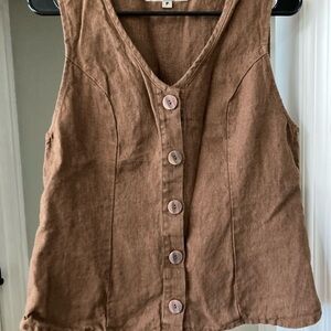 Flax Linen Brown Sleeveless Button-Up Vest